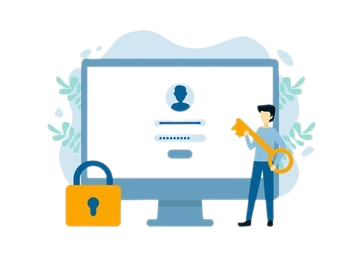 Monitor with lock and man standing with key in hand